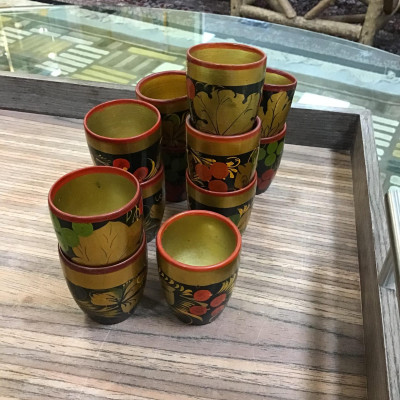 Vintage Russian Handpainted Wooden Cups