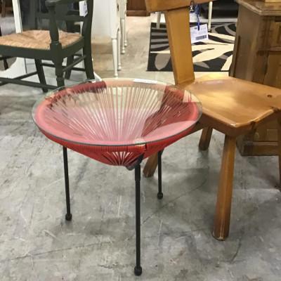 Sm. Black Metal w Red Rattan/ Glass Top Side Table