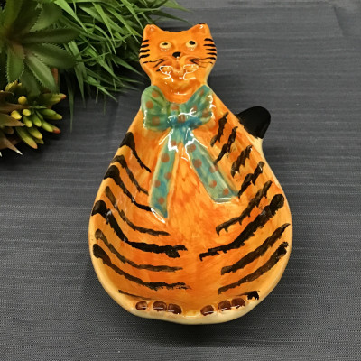 Hand Painted Pottery Bowl “Orange Cat w Blue Bow” (Italy)