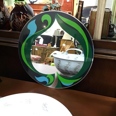 Whimsical Black/ Green/ Turquoise Round Mirror