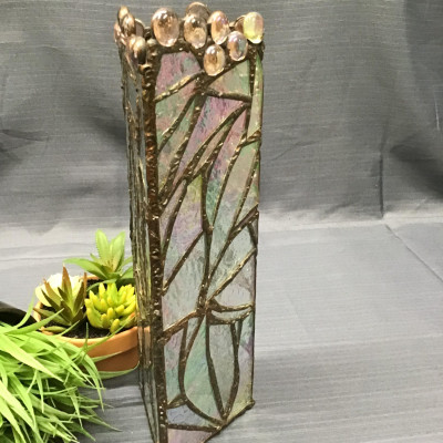 Iridescent Etched Glass/Soldered Copper Triangle Vase