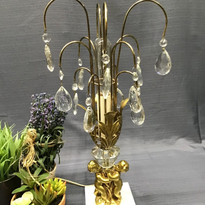 Brass/ Marble w Prisms Cherub Lamp