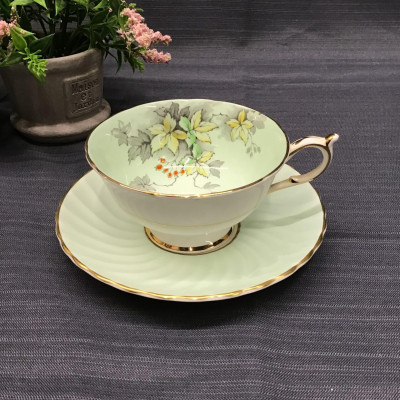 AYNSLEY (England) Mint Green Floral Cup & Saucer