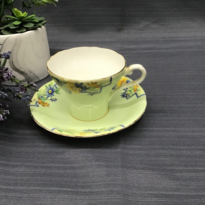 AYNSLEY (England) Green w Blue Floral Cup & Saucer