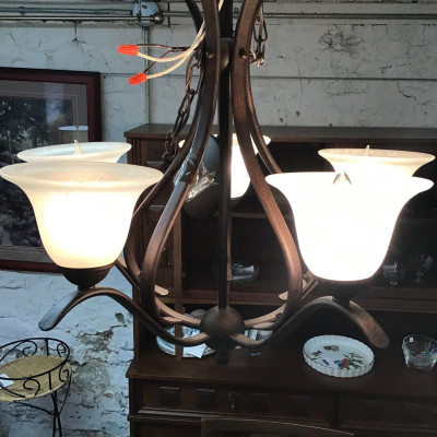 Bronze Metal & Frosted Glass Chandelier