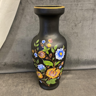 Vintage Glass Vase – Black Floral