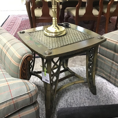 Green Stained/ Floral Square Side Table