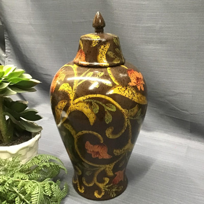 Brown Floral Ceramic Ginger Jar