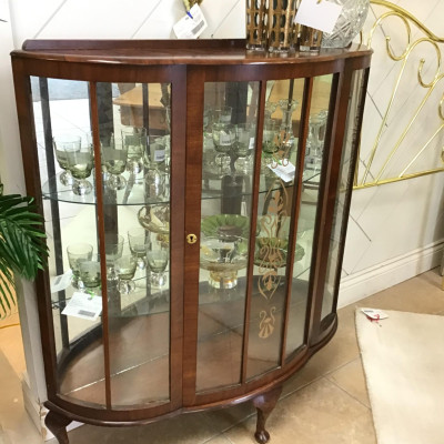 Sm. Bow Front/ Burled Drk. Wood Display Cabinet