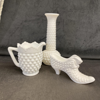 3PC Fenton Milk Glass – Vase, Shoe, Creamer