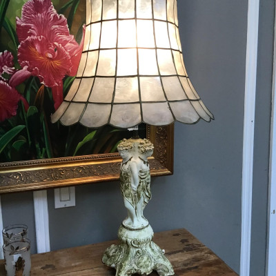 Vintage Antiqued Ivory Lamp with Mother-of-Pearl Shade