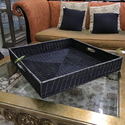 Oversized Square Charcoal Rattan Basket/ Tray