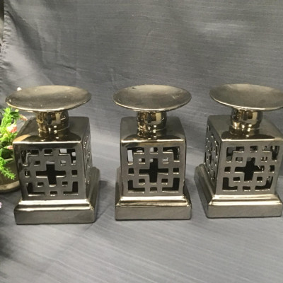Metallic Silver Ceramic Candle Holders Set of 3