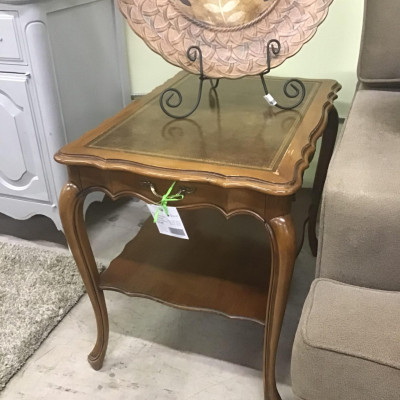 French Provincial Wood/ Brown Leather Inlay Top End Table