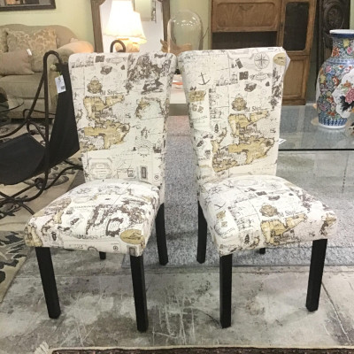 (Pair) “World Travel” Upholstered Parson Chairs