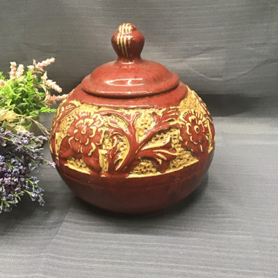 Burgundy/ Beige Lidded Pottery Bowl