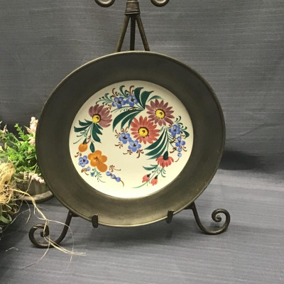 Decorative Off-White Floral Porcelain/ Grey Metal Framed Bowl