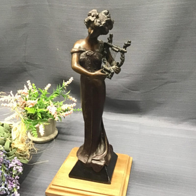 Bronze Sculpture Woman Playing Harp