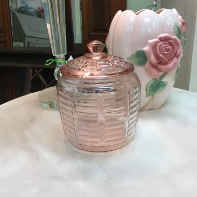Pink Depression Glass Beehive Lidded Jar