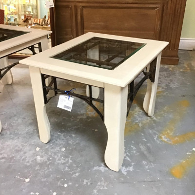 Off-White Wood/ Metal Glass Top Side Table