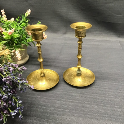 (Pair) Sm. Etched Brass Candle Holders