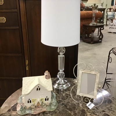 Glass Column Lamp with White Shade