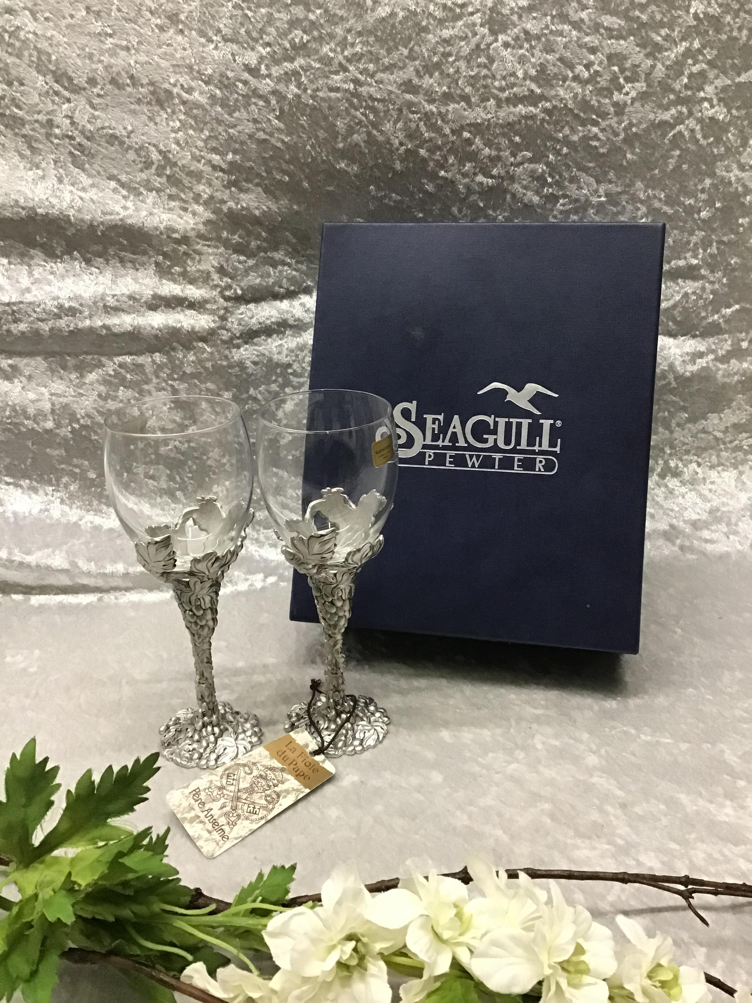 (Pair) SEAGULL Etched Pewter Wine Glasses