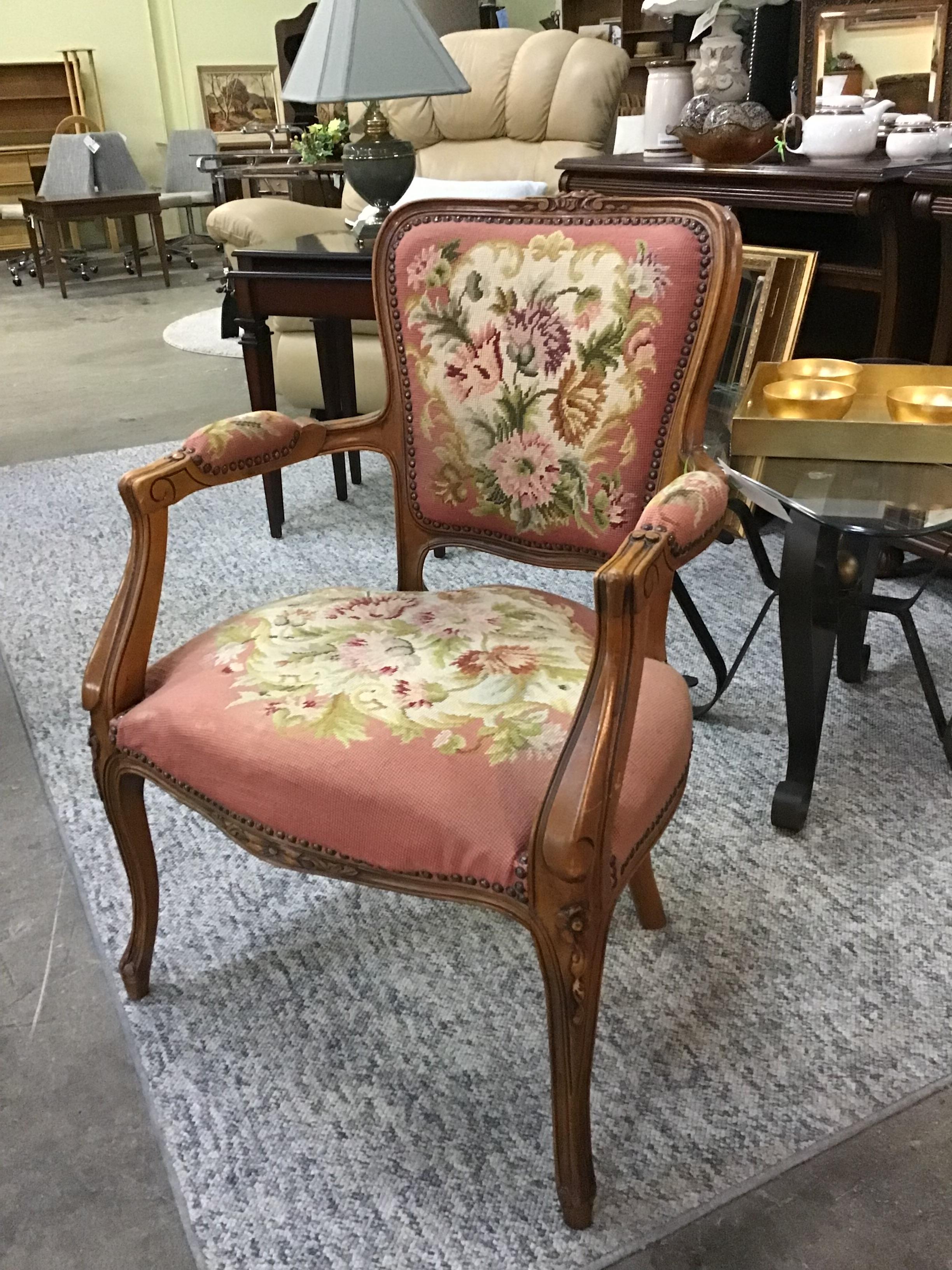 Pink Floral Louis XV Style Tapestry Arm Chair