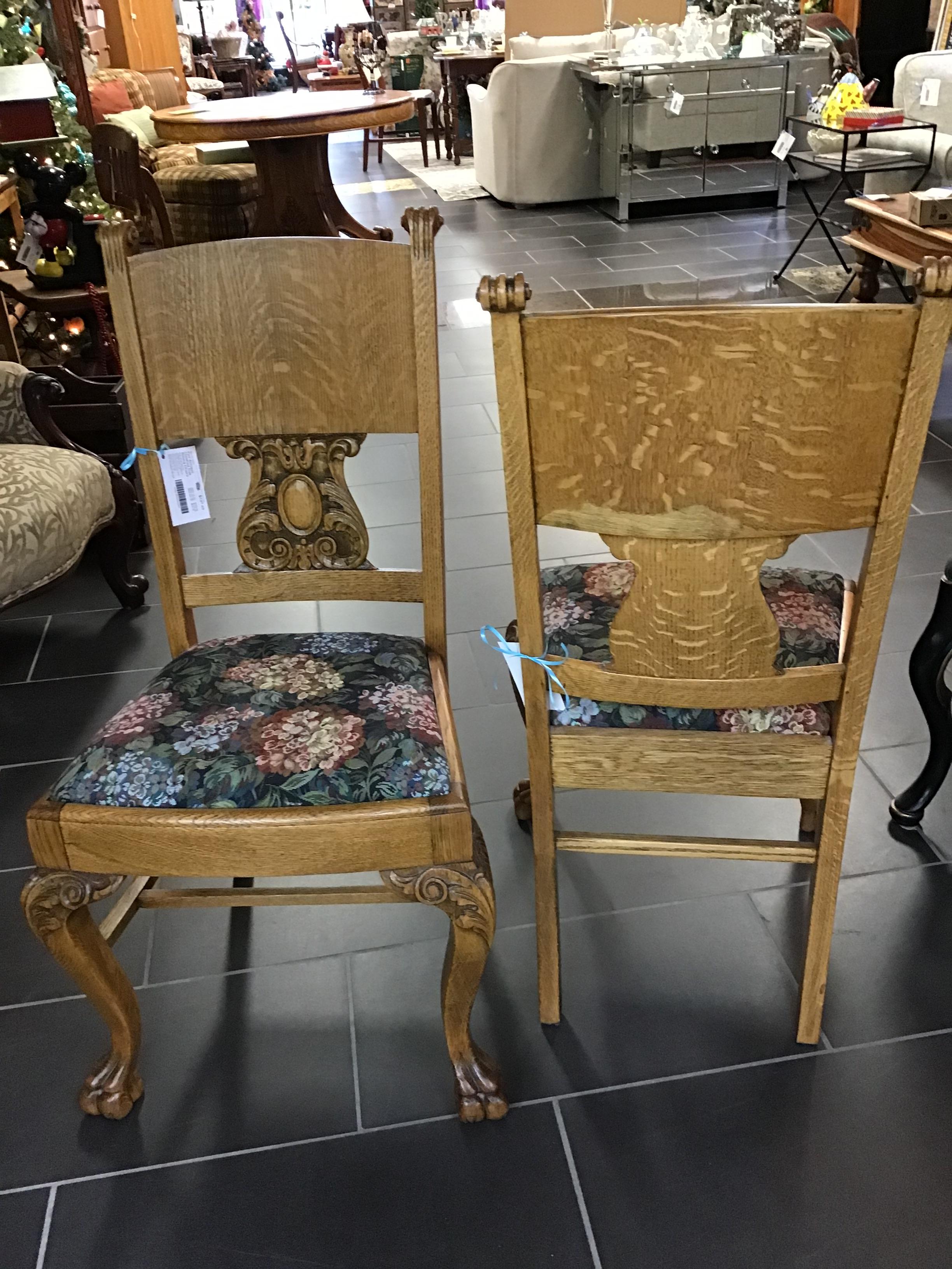 Pair Antique Clawfoot Oak Dining Chairs