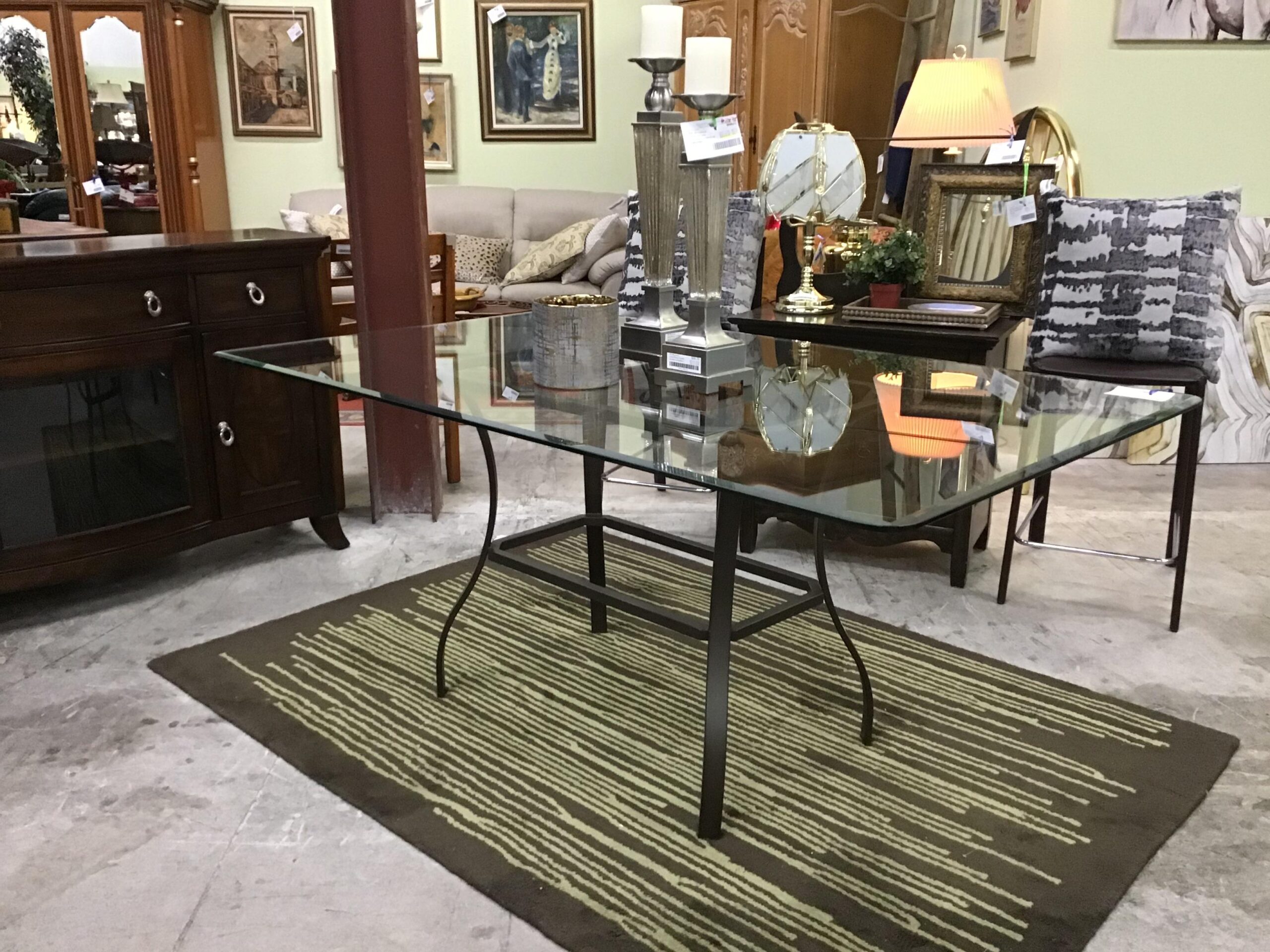 Glass Top/ Rustic Brown Iron Base Dining Table