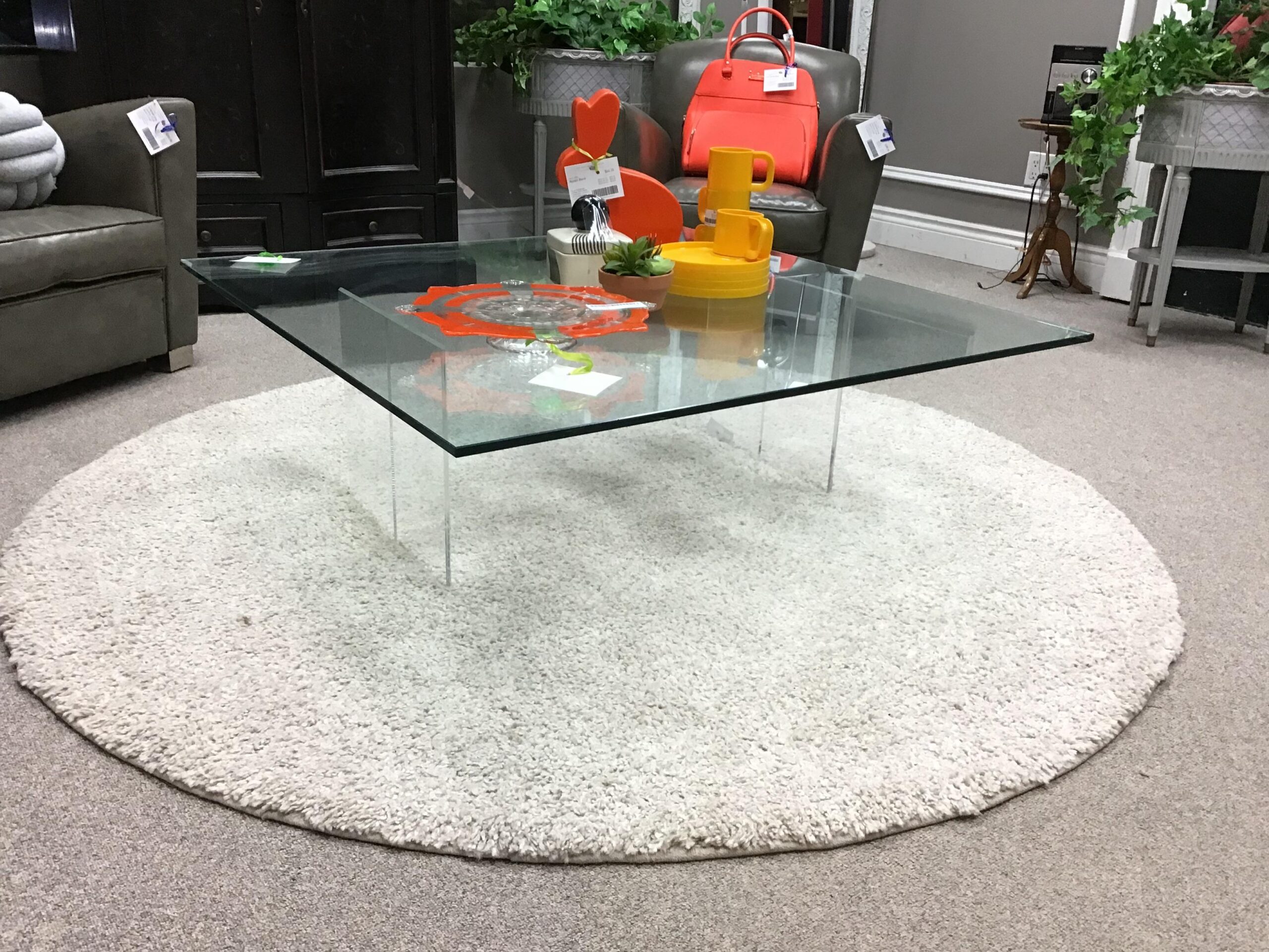 Glass Top/ Lucite “V” Pedestal Coffee Table