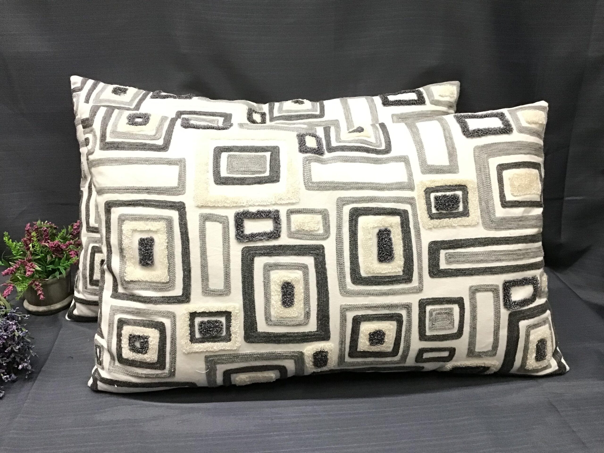 (Pair) Off-White/ Lt. & Drk. Grey Zippered Cushions