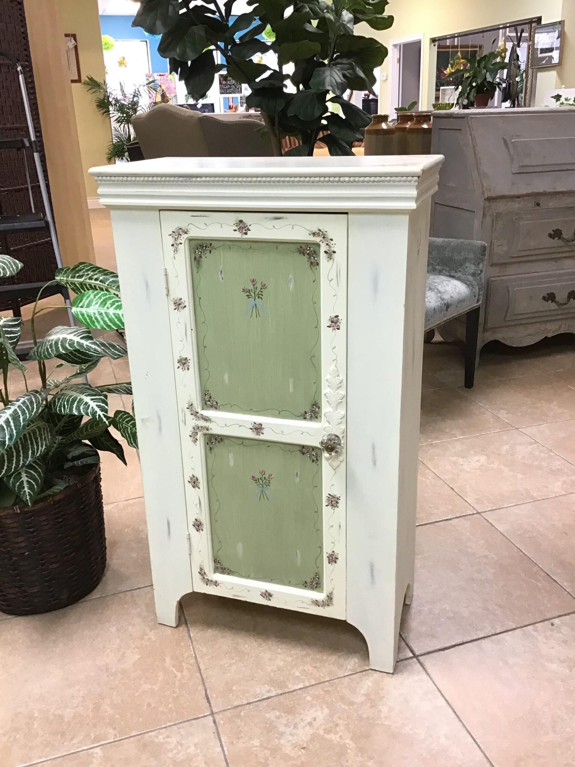 Ivory Floral Pine Cabinet