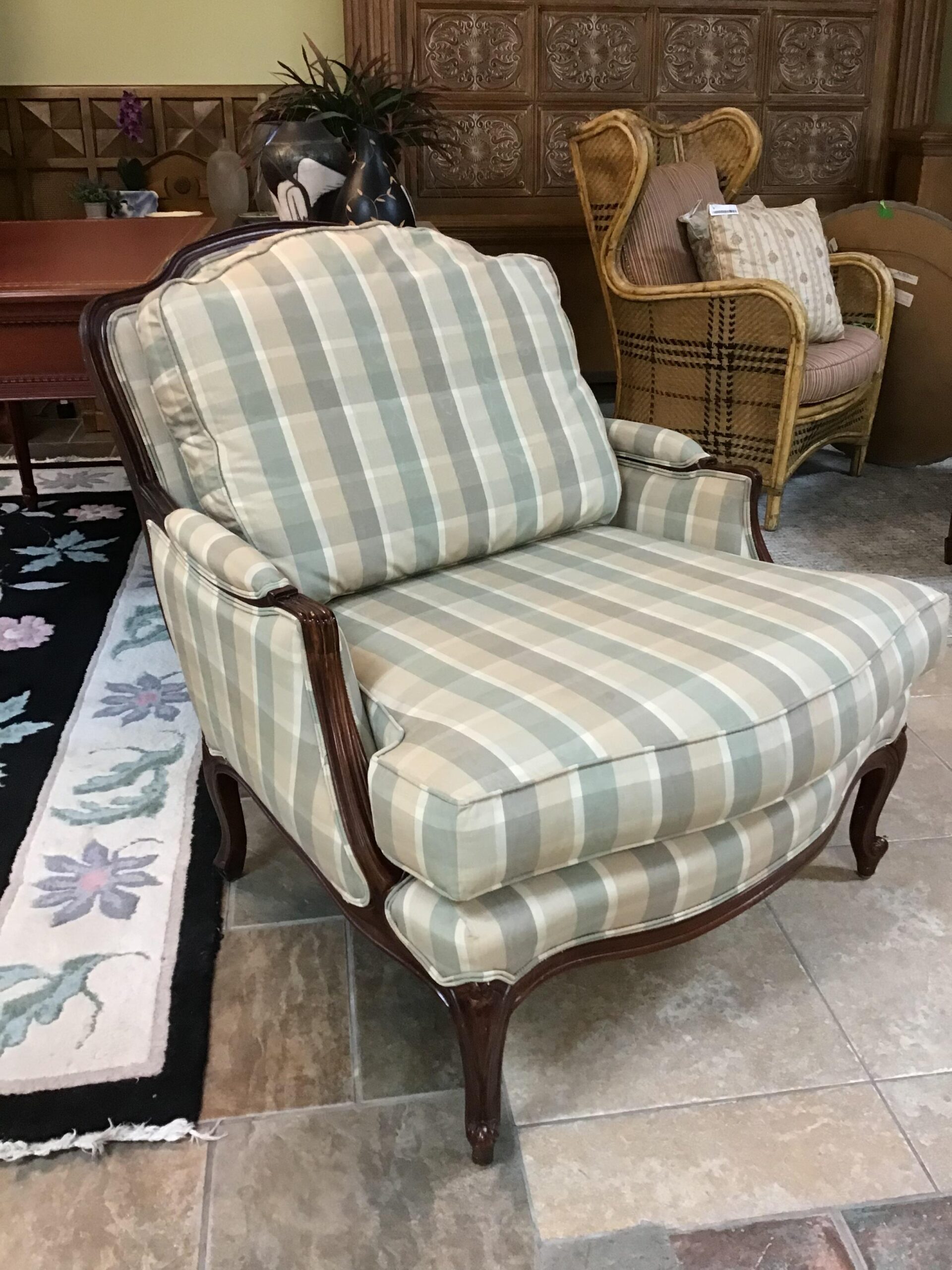 Beige/ Ivory with Green Plaid Bergere Chair