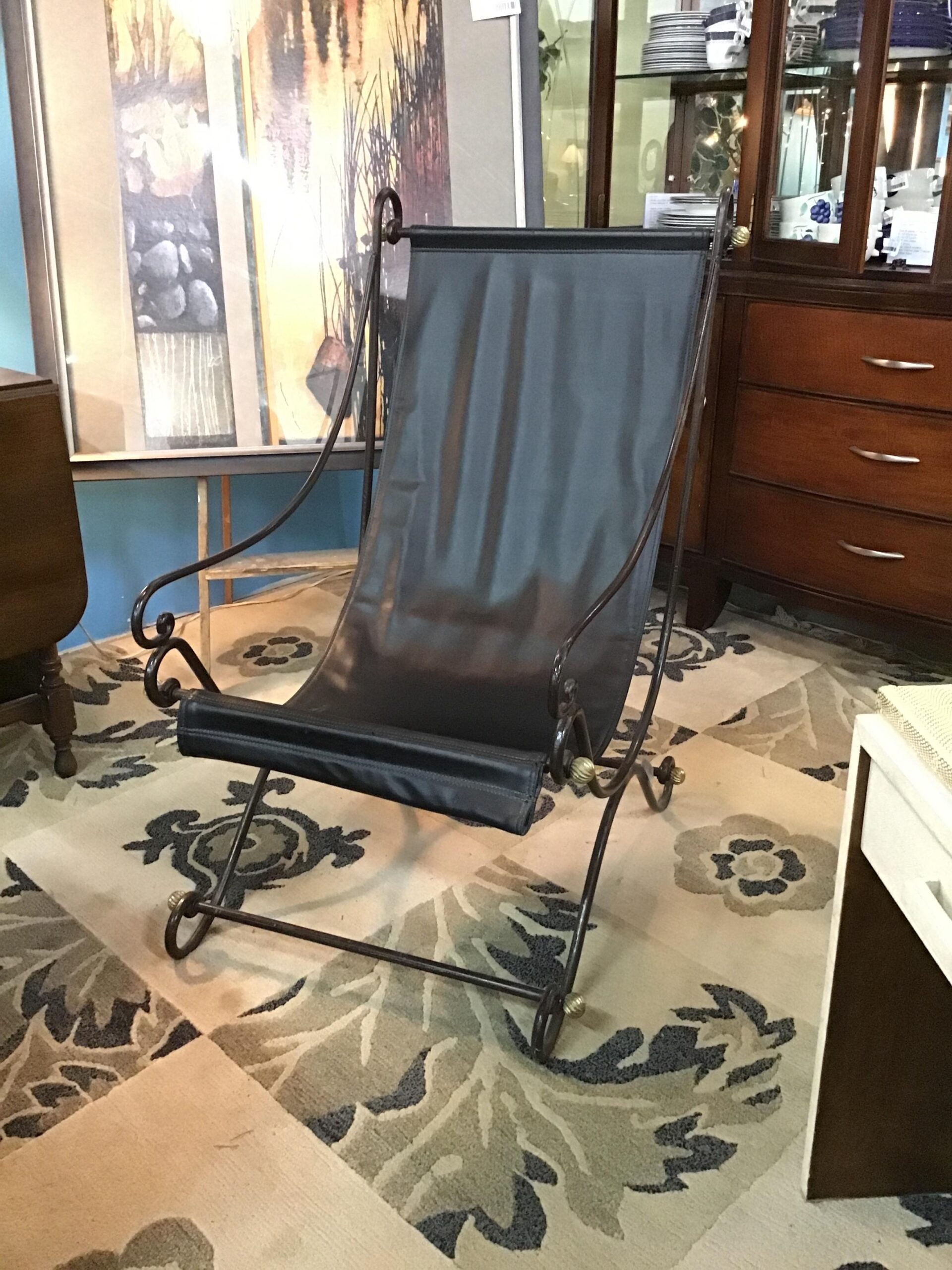 Brown Iron/ Black Leather Swing Lounge Chair