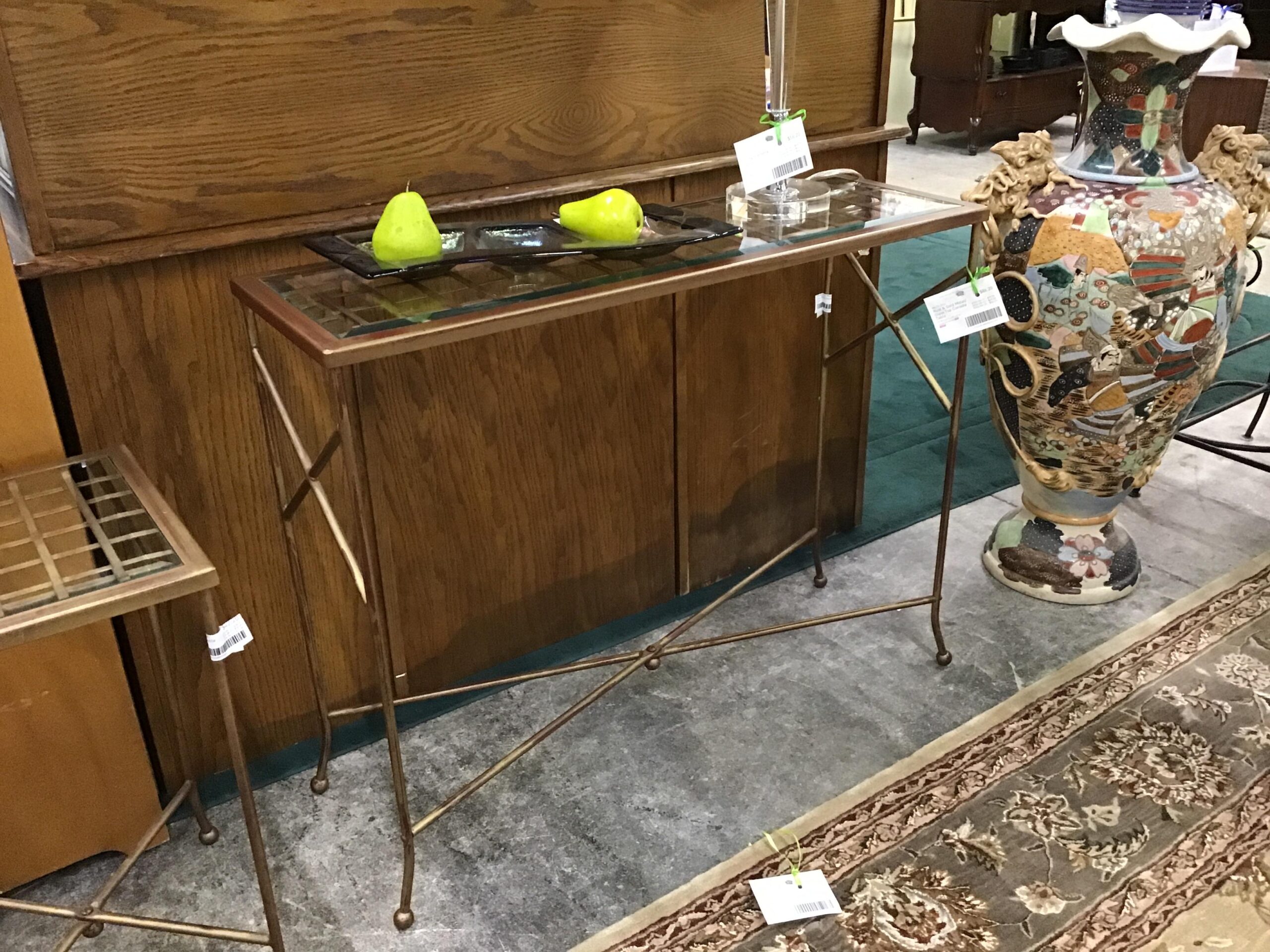 Rust & Gold Metal/ Glass Top Console Table