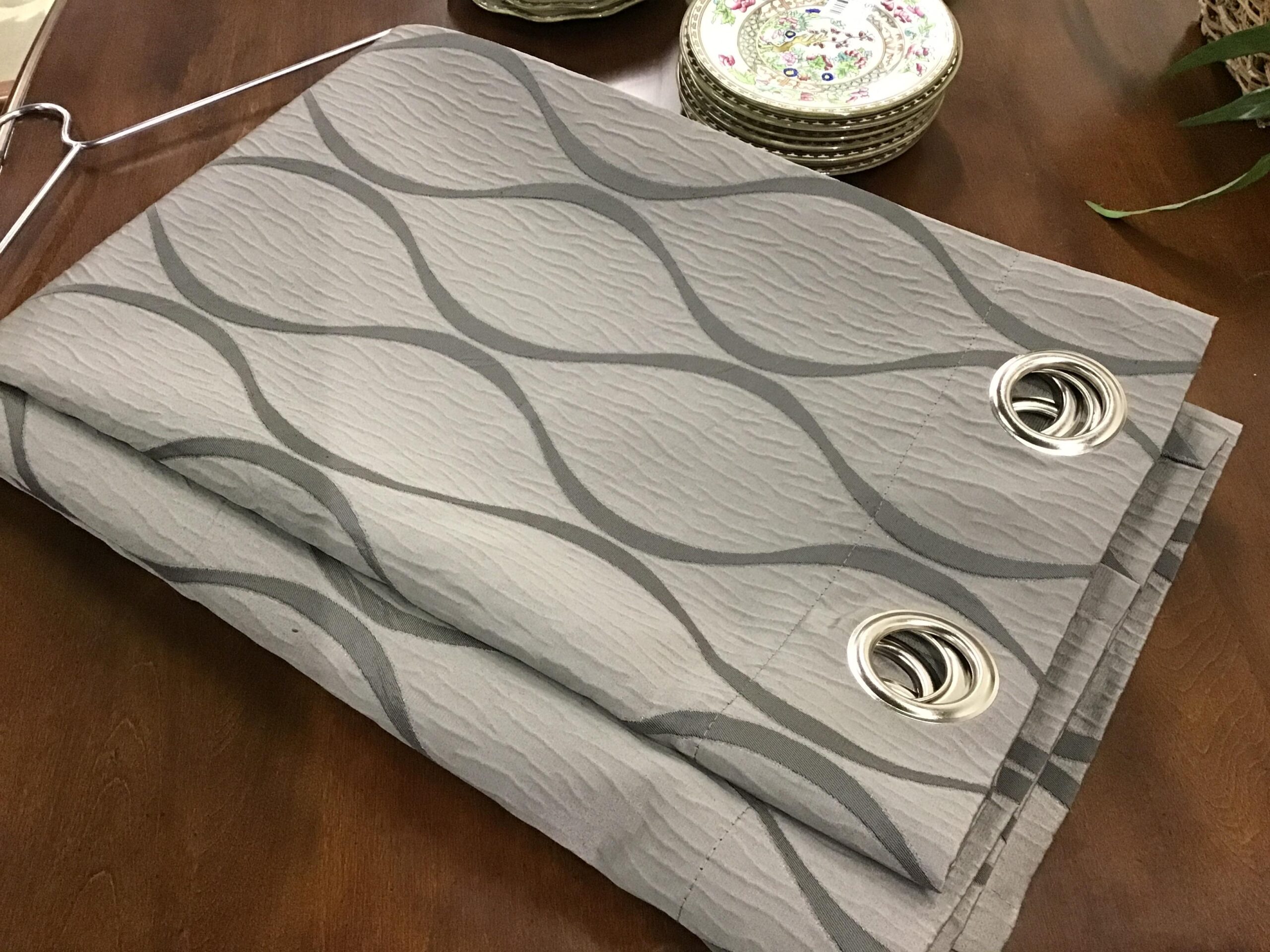 (Pair) 2-Tone Grey Swirl Rod Pocket Curtain Panels