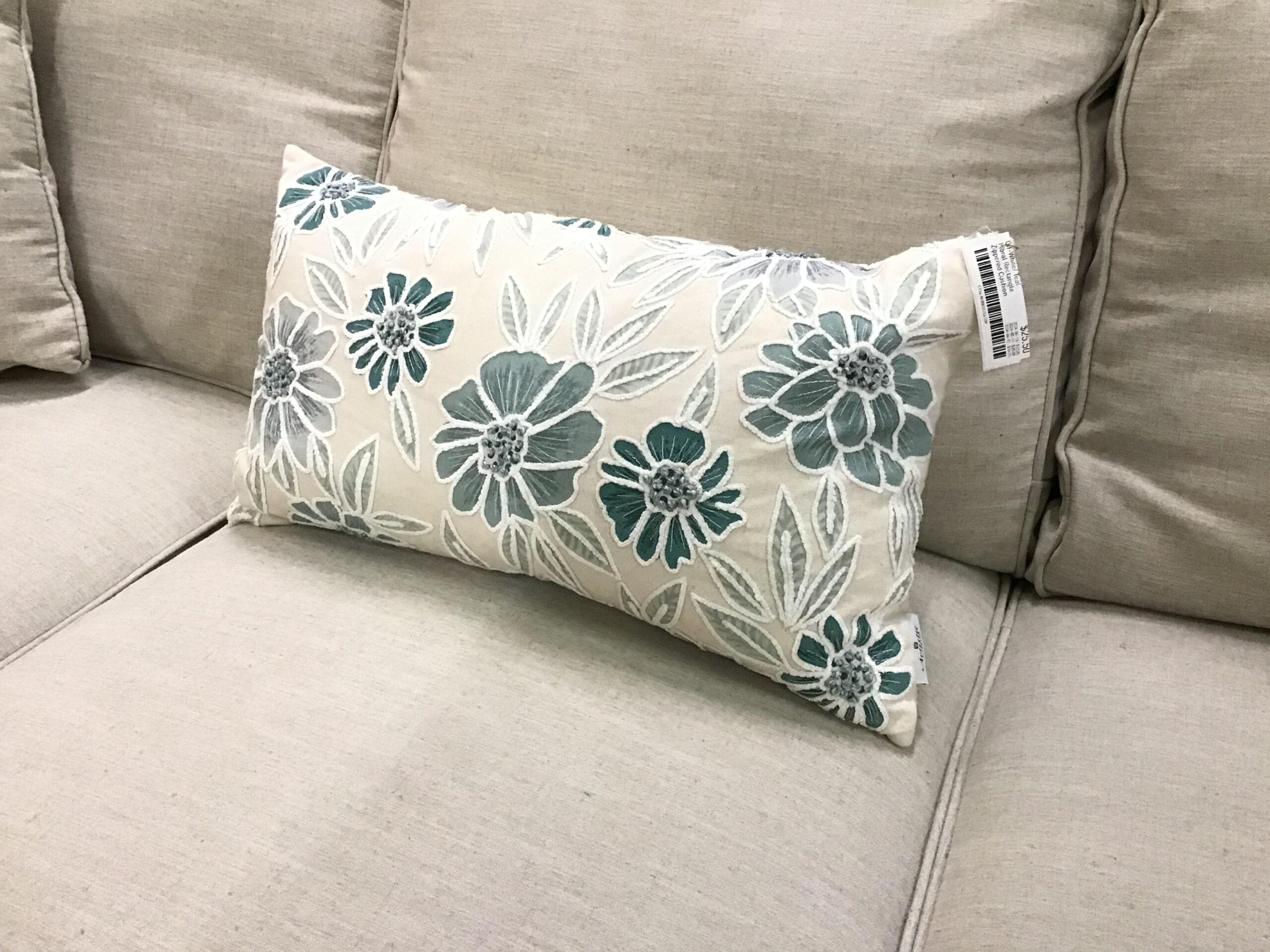 Off-White/ Teal Floral Rectangle Zippered Cushion