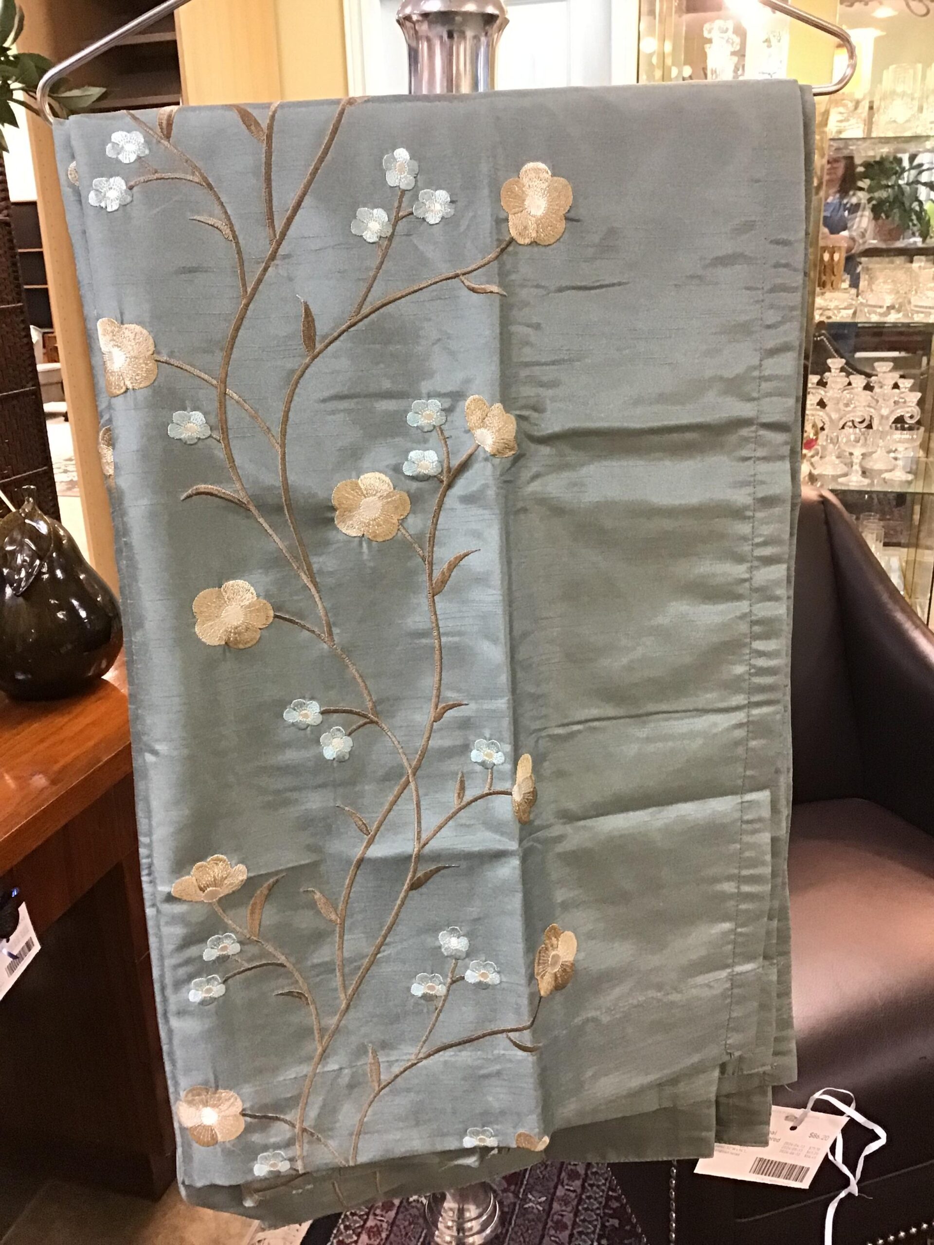 (Pair) Dusty Teal Floral Embroidered Curtain Panels
