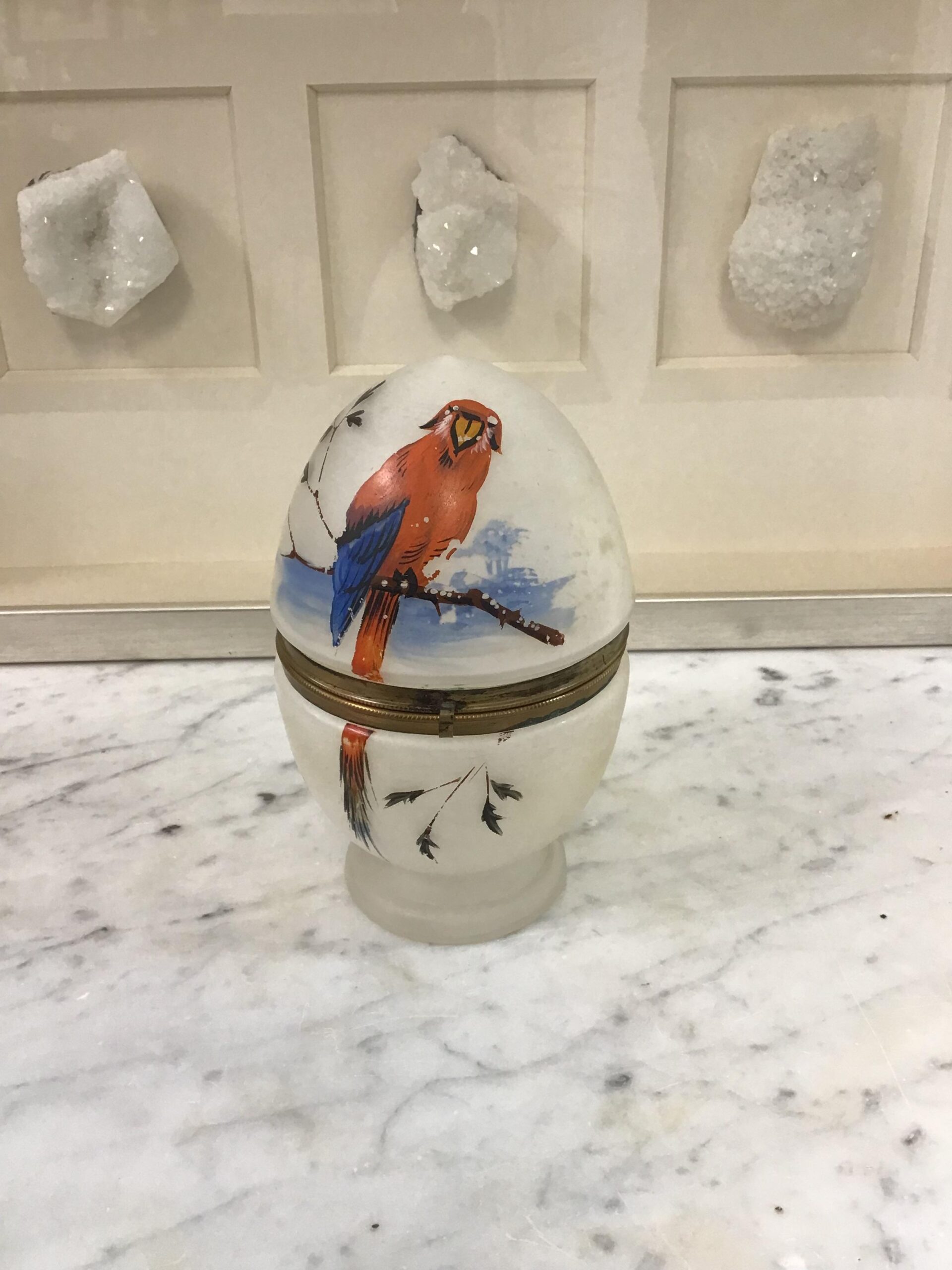 Frosted Milk Glass Egg Box with Painted Parrot