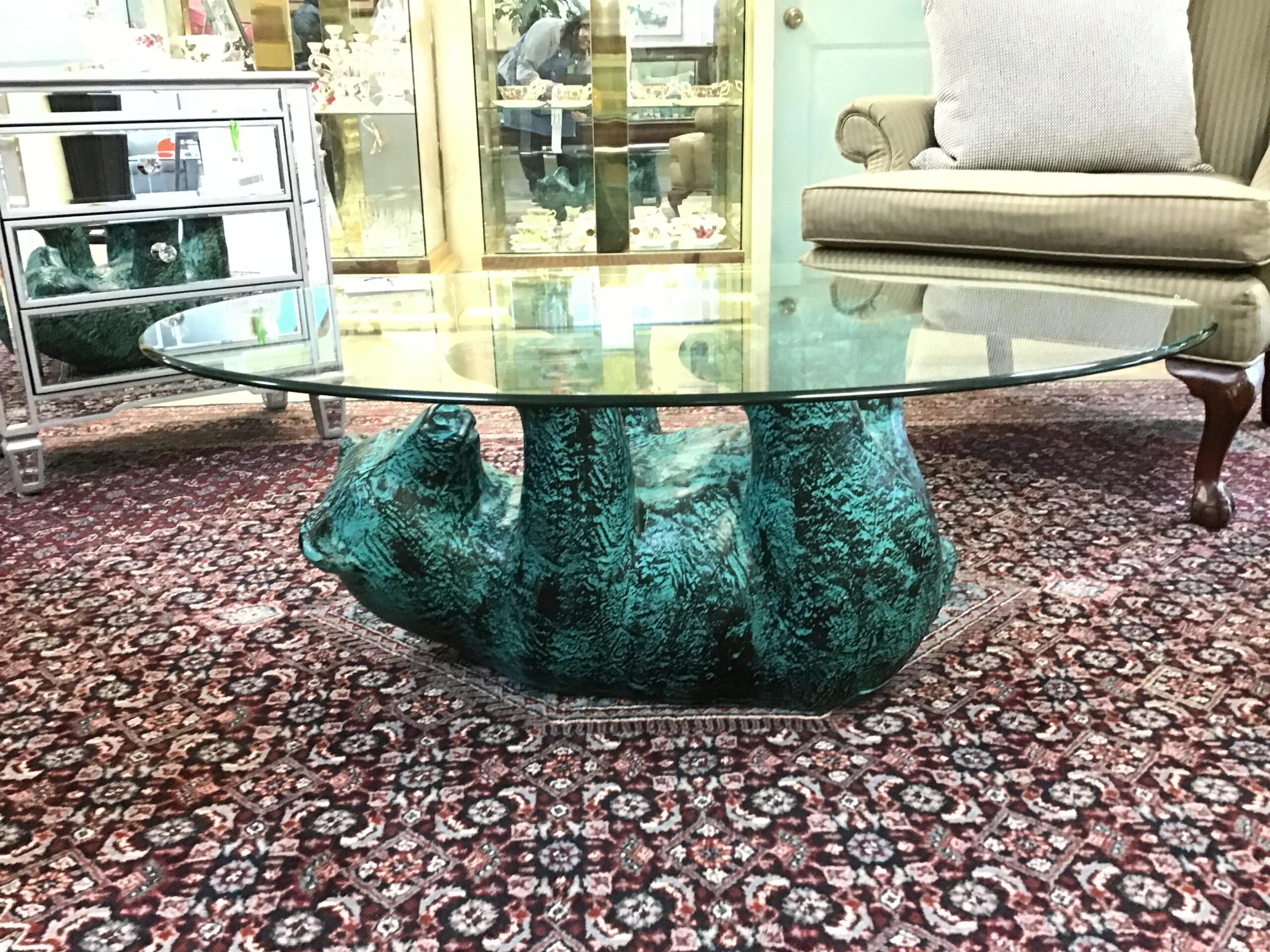 Black/ Turquoise “Bear”/ Glass Top Oval Coffee Table