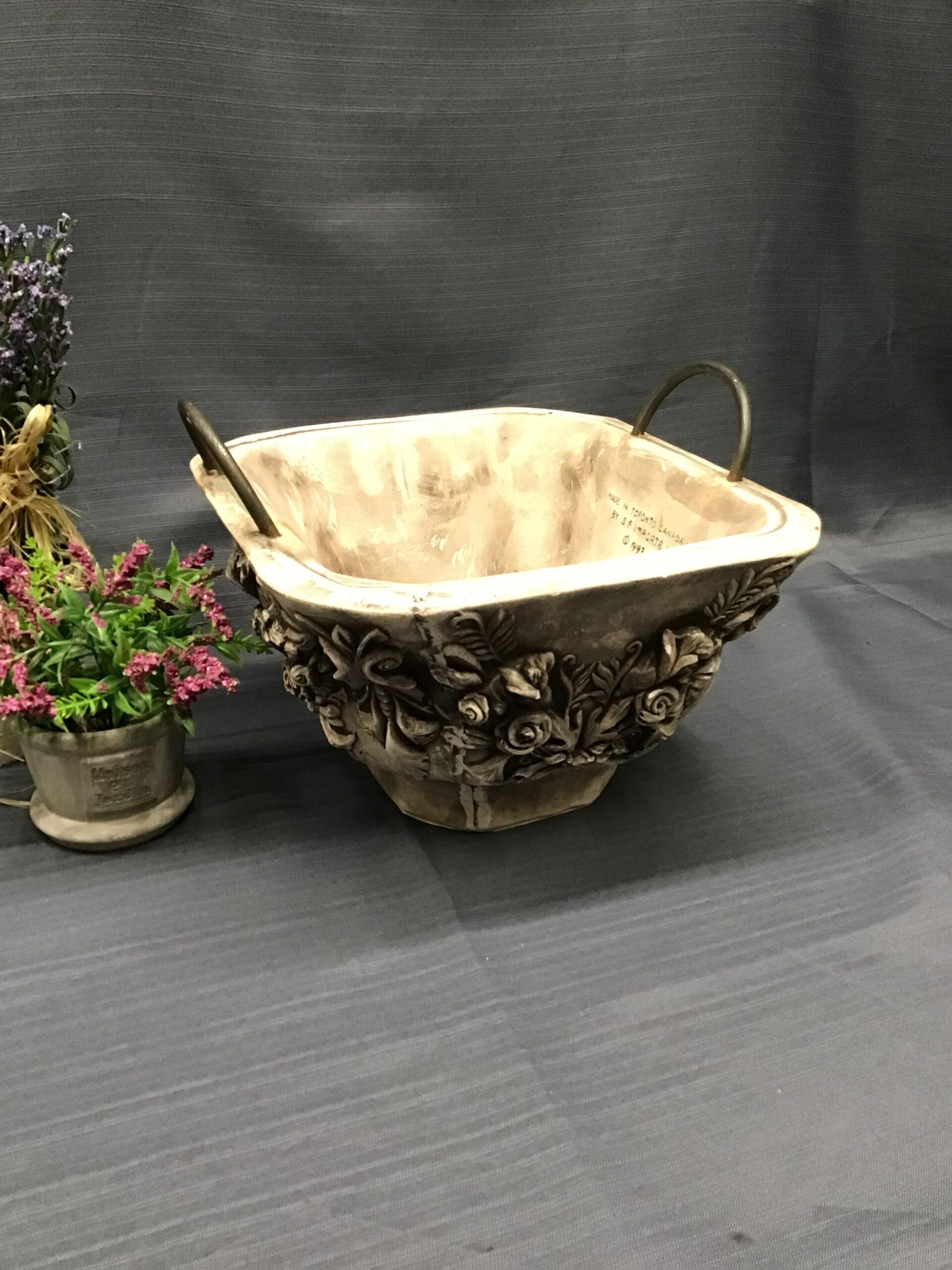 Distressed Grey Floral White Cement Handled Planter