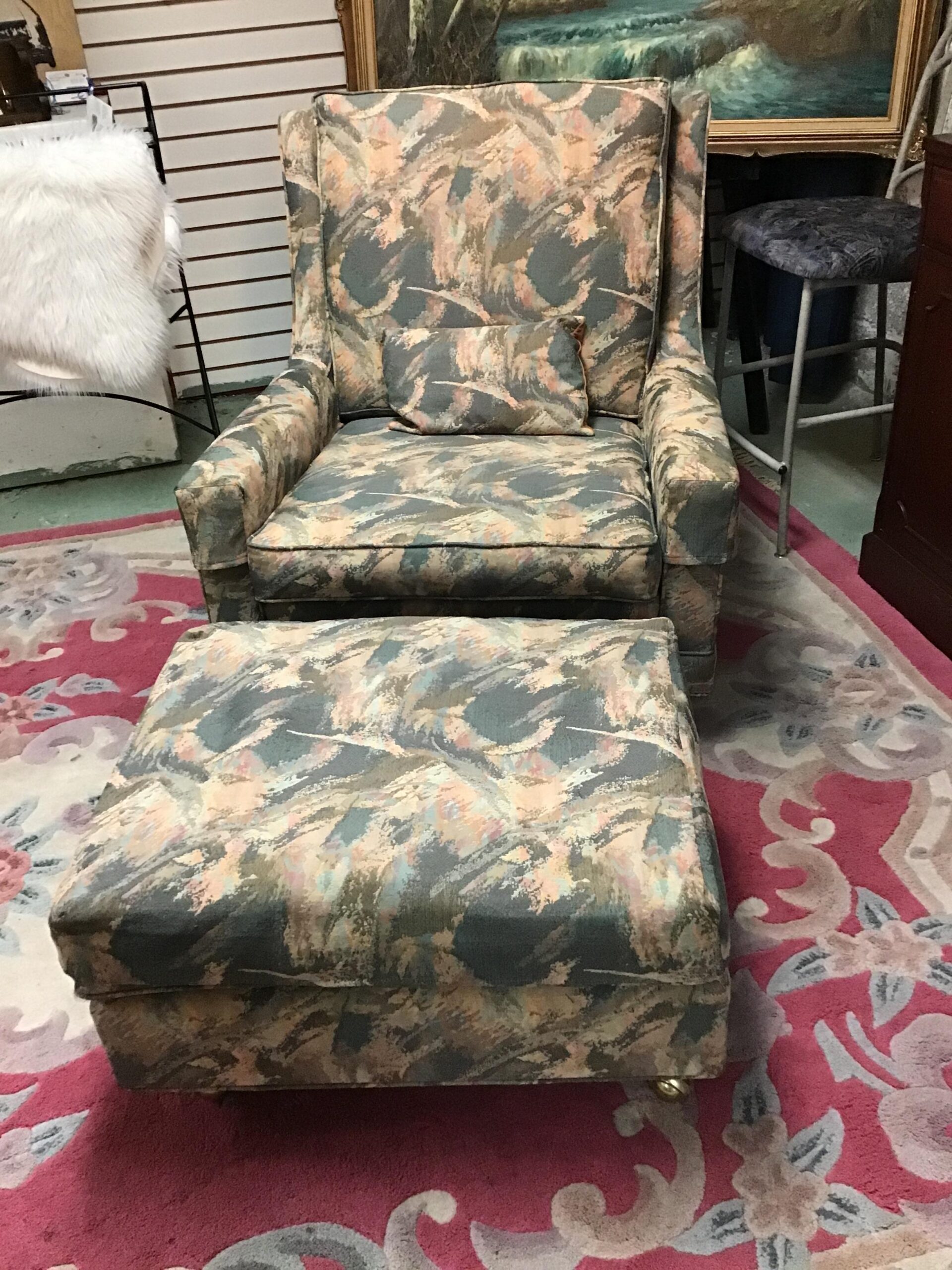 Patterned Upholstered Chair & Ottoman
