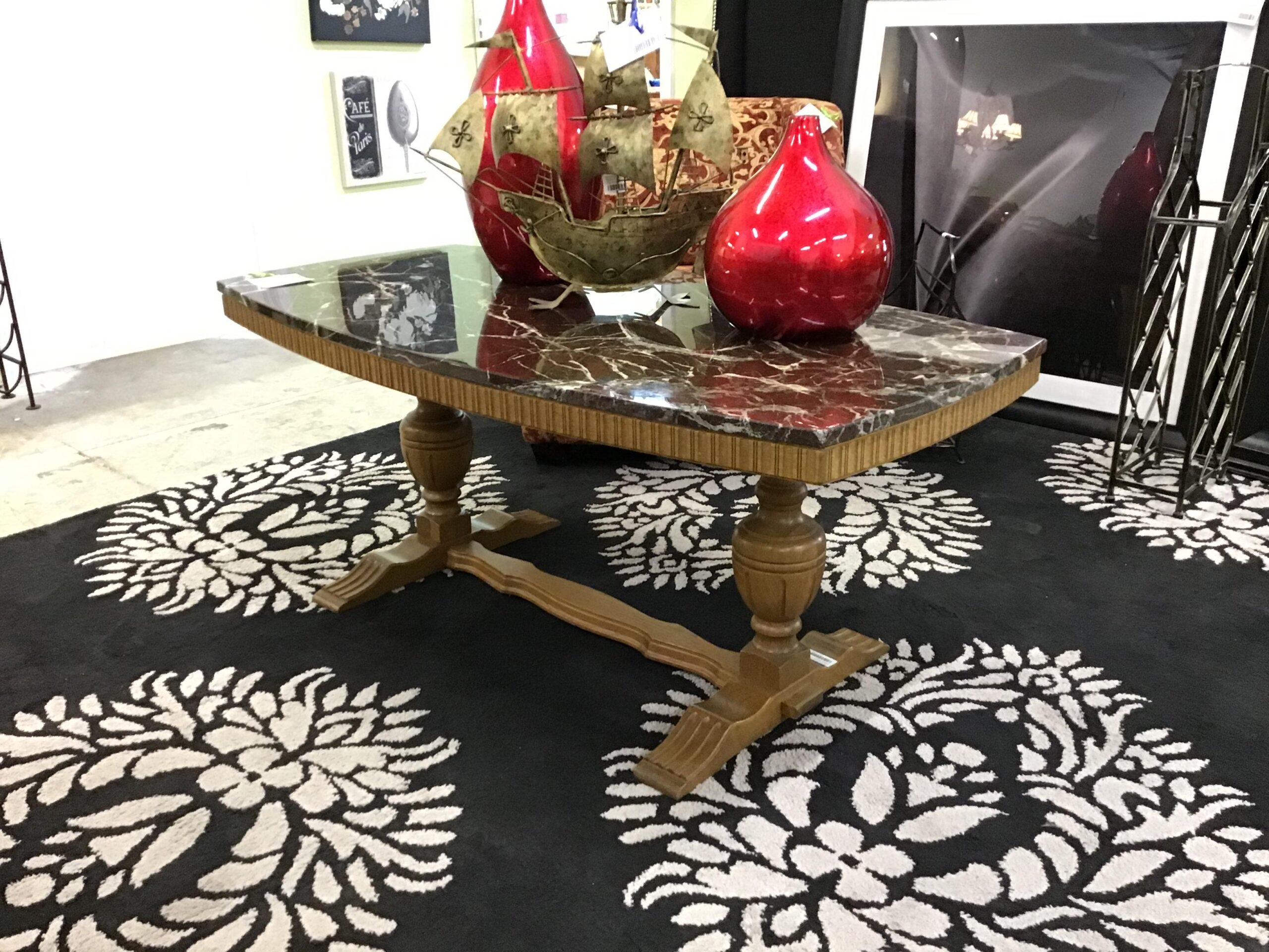 Brown Wood/ Red/ Black Granite Top Coffee Table
