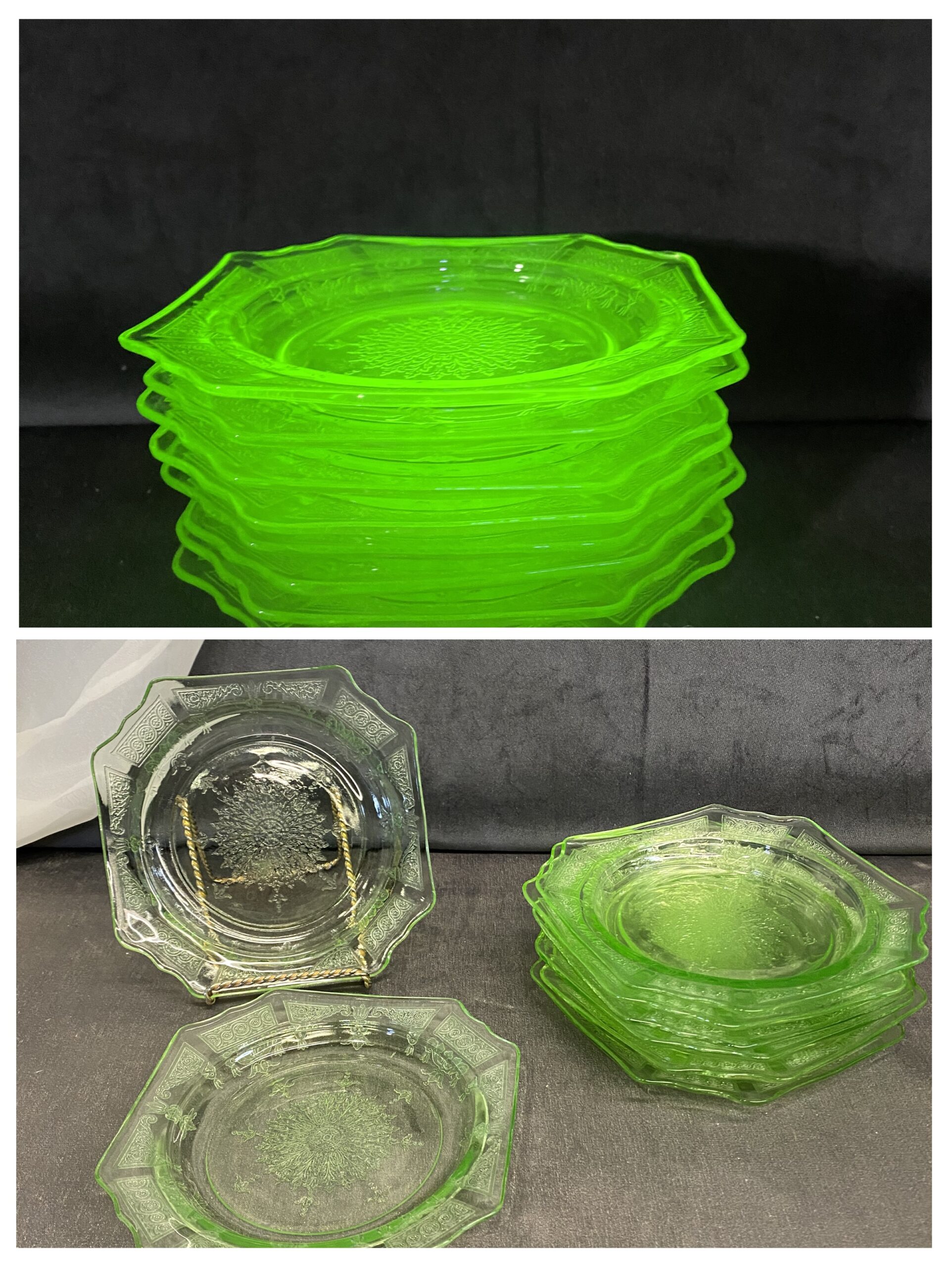 Set of 8 Depression Glass Plates – Green