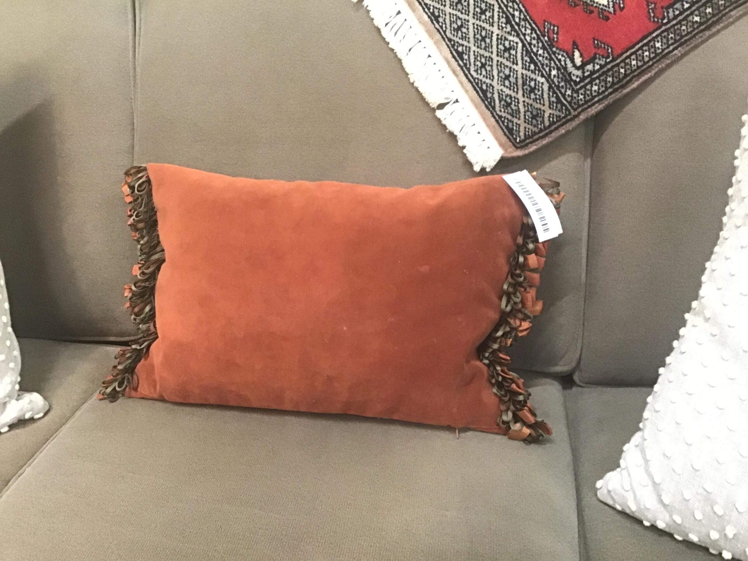 Rust Velour/ Fringed Zippered Lumbar Cushion