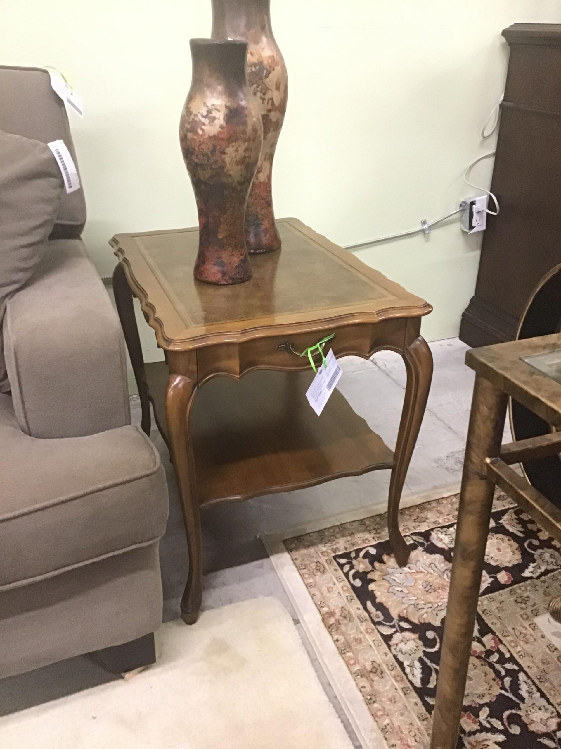 French Provincial Wood/ Brown Leather Inlay Top End Table