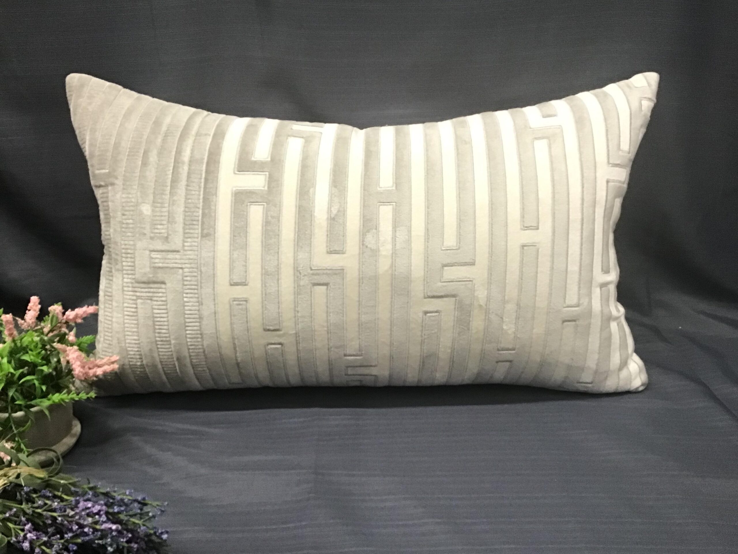 Grey/ Cream Velvet Rectangle Zippered Cushion
