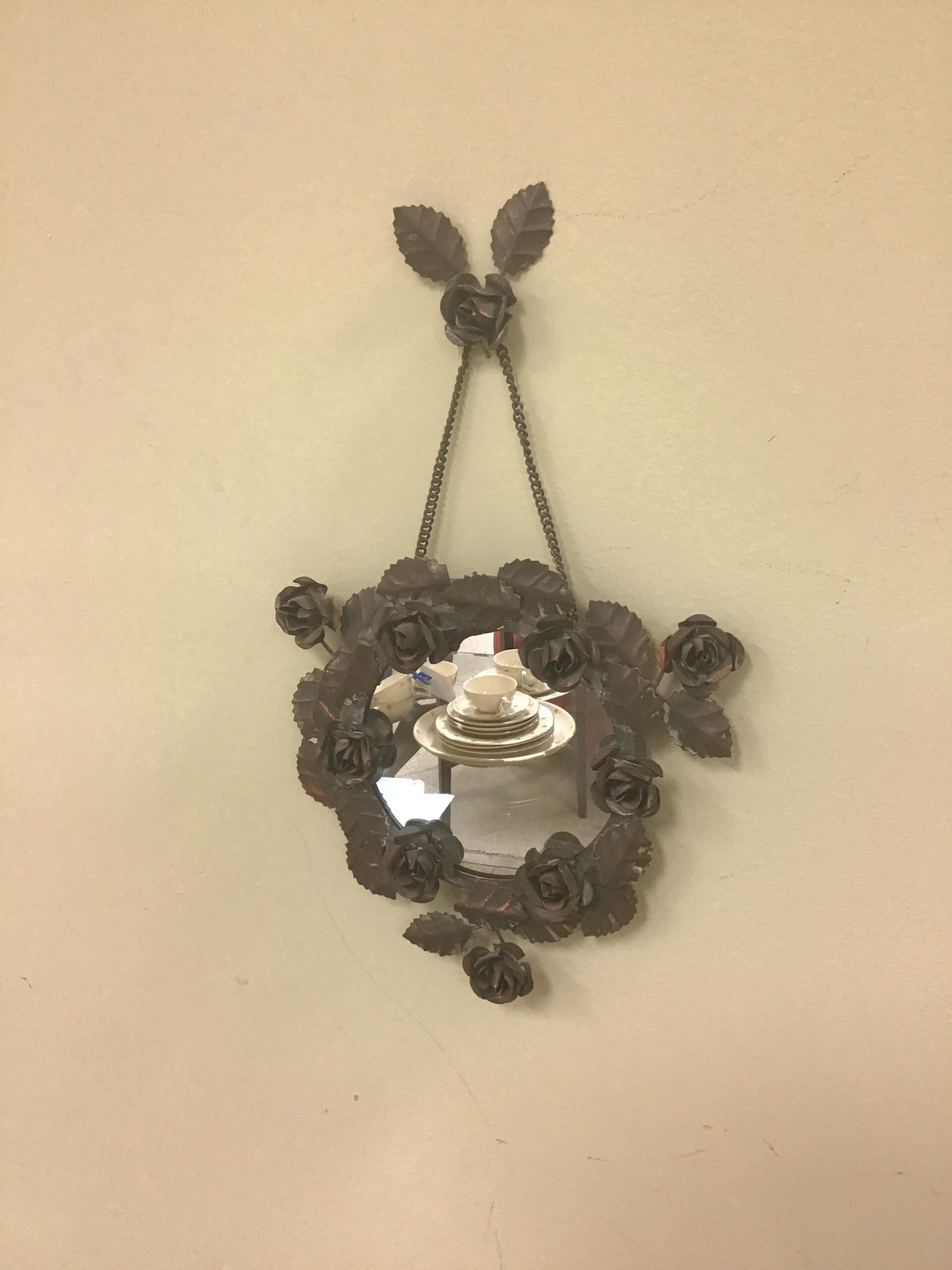 Gray Roses & Leaves Hanging Wall Mirror