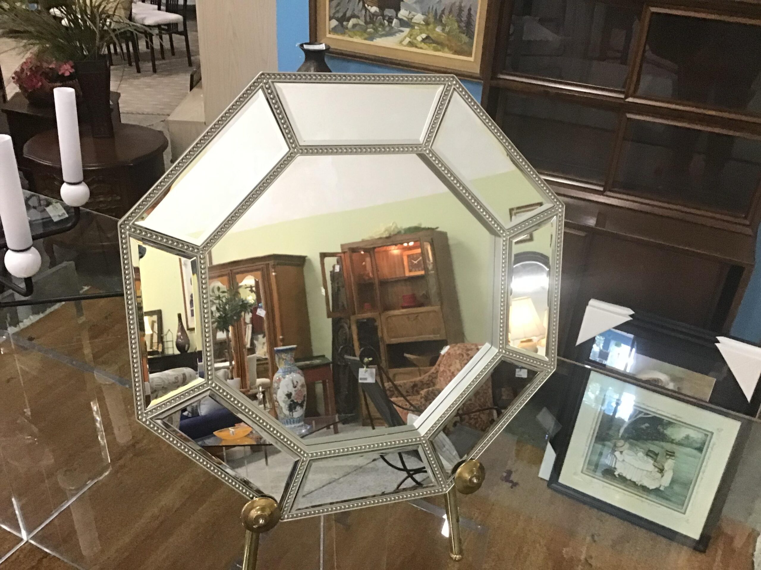 Silver Octagon Beaded Framed Mirror